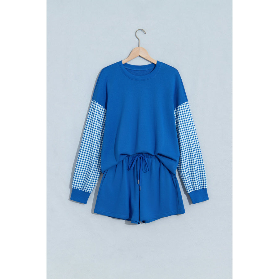 Blue Plaid Patchwork Long Sleeve Top Solid Drawstring Shorts Set Two Piece Sets/Short Sets
