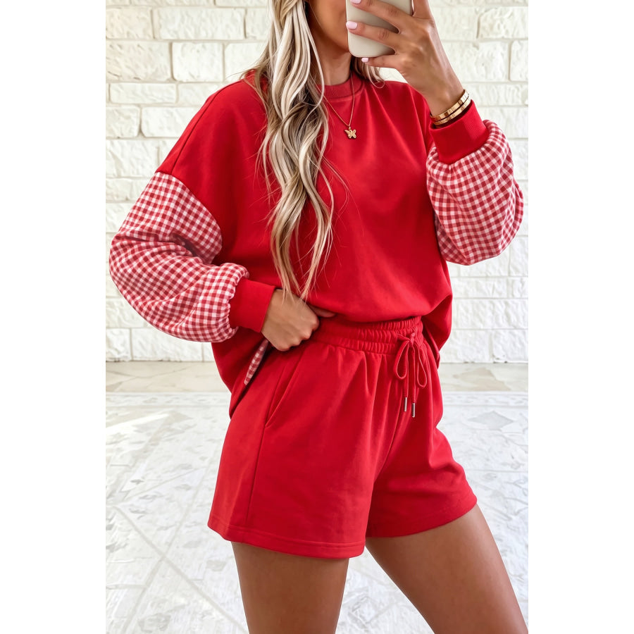 Blue Plaid Patchwork Long Sleeve Top Solid Drawstring Shorts Set Two Piece Sets/Short Sets