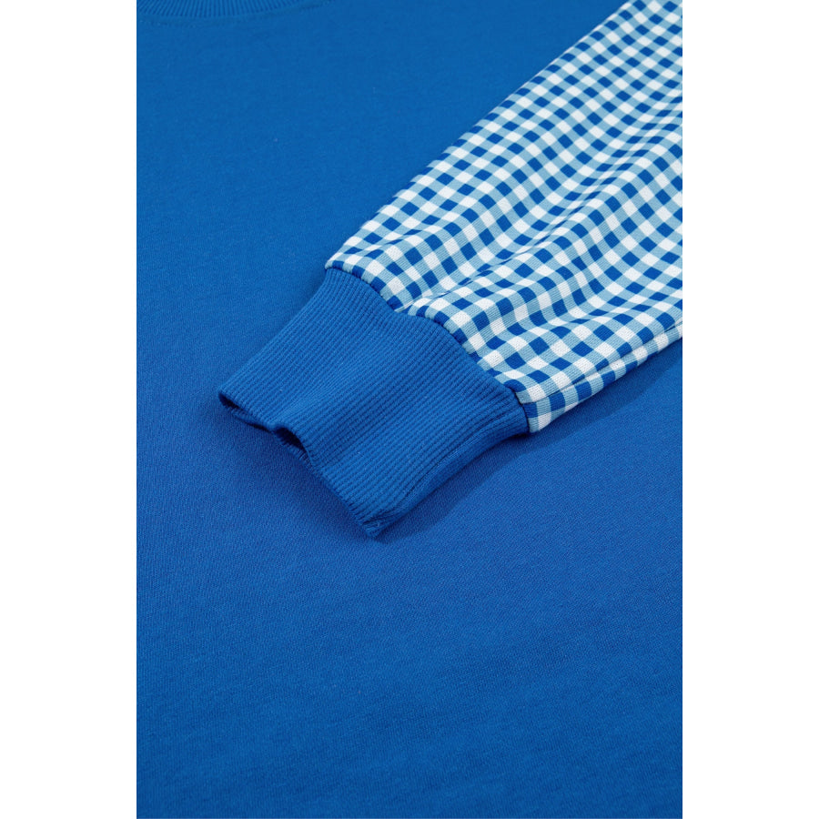 Blue Plaid Patchwork Long Sleeve Top Solid Drawstring Shorts Set Two Piece Sets/Short Sets