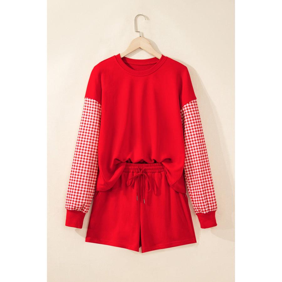 Blue Plaid Patchwork Long Sleeve Top Solid Drawstring Shorts Set Two Piece Sets/Short Sets