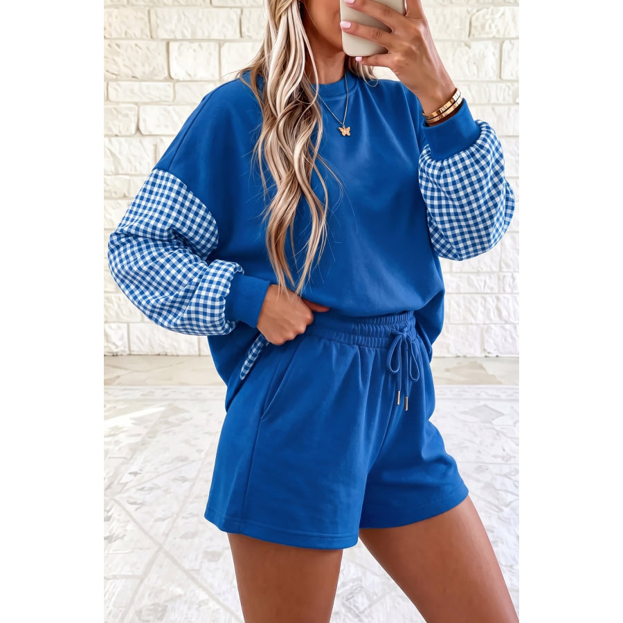 Blue Plaid Patchwork Long Sleeve Top Solid Drawstring Shorts Set Two Piece Sets/Short Sets