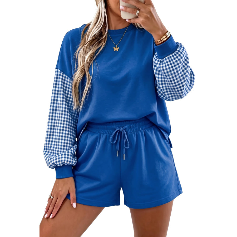 Blue Plaid Patchwork Long Sleeve Top Solid Drawstring Shorts Set Two Piece Sets/Short Sets
