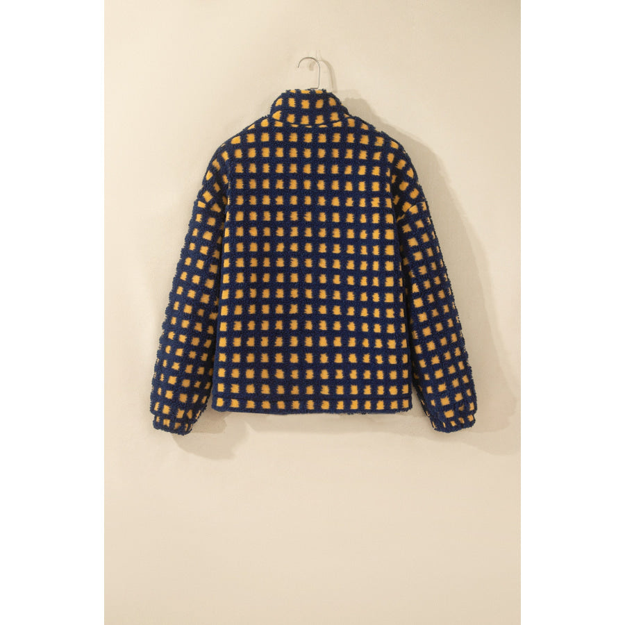 Blue Plaid Sherpa Fleece Zip Up Jacket Outerwear/Jackets