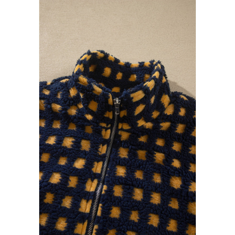 Blue Plaid Sherpa Fleece Zip Up Jacket Outerwear/Jackets