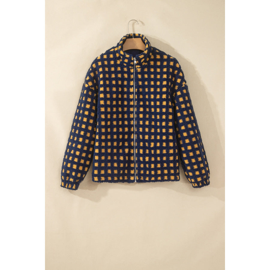 Blue Plaid Sherpa Fleece Zip Up Jacket Outerwear/Jackets