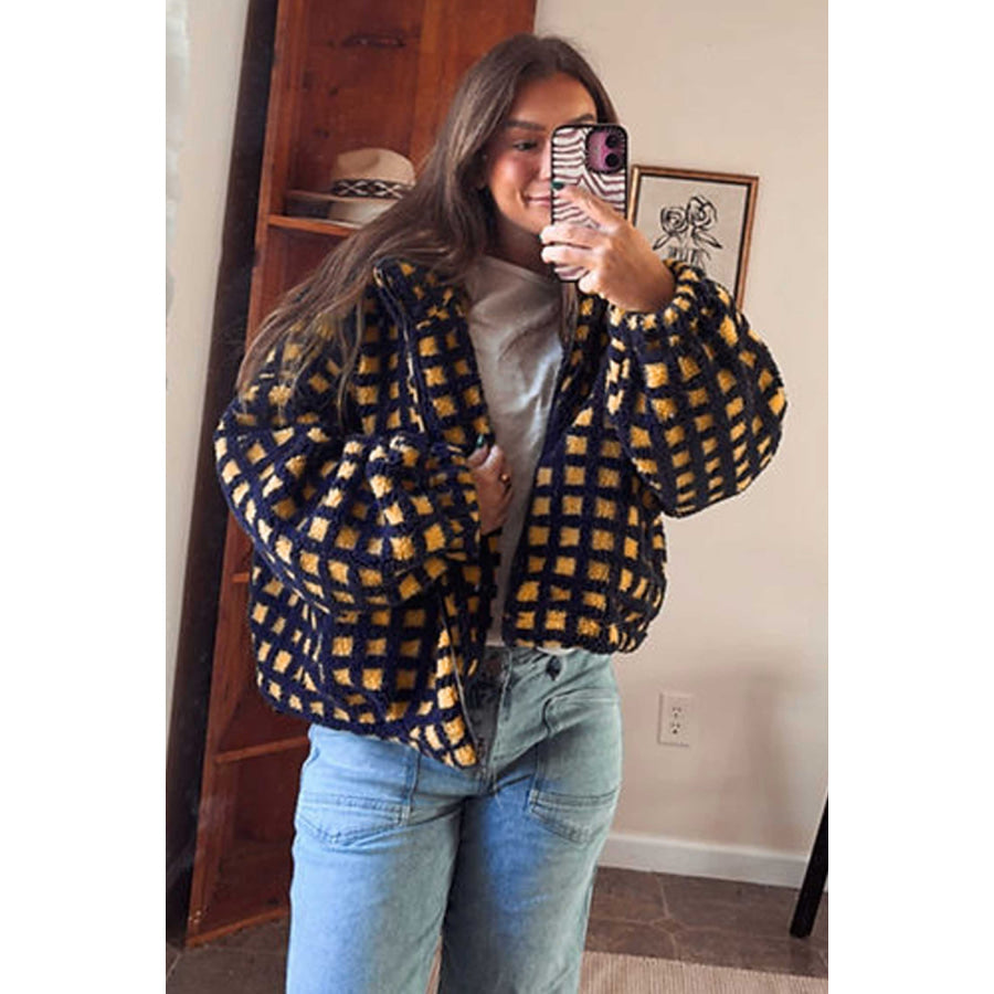 Blue Plaid Sherpa Fleece Zip Up Jacket Outerwear/Jackets