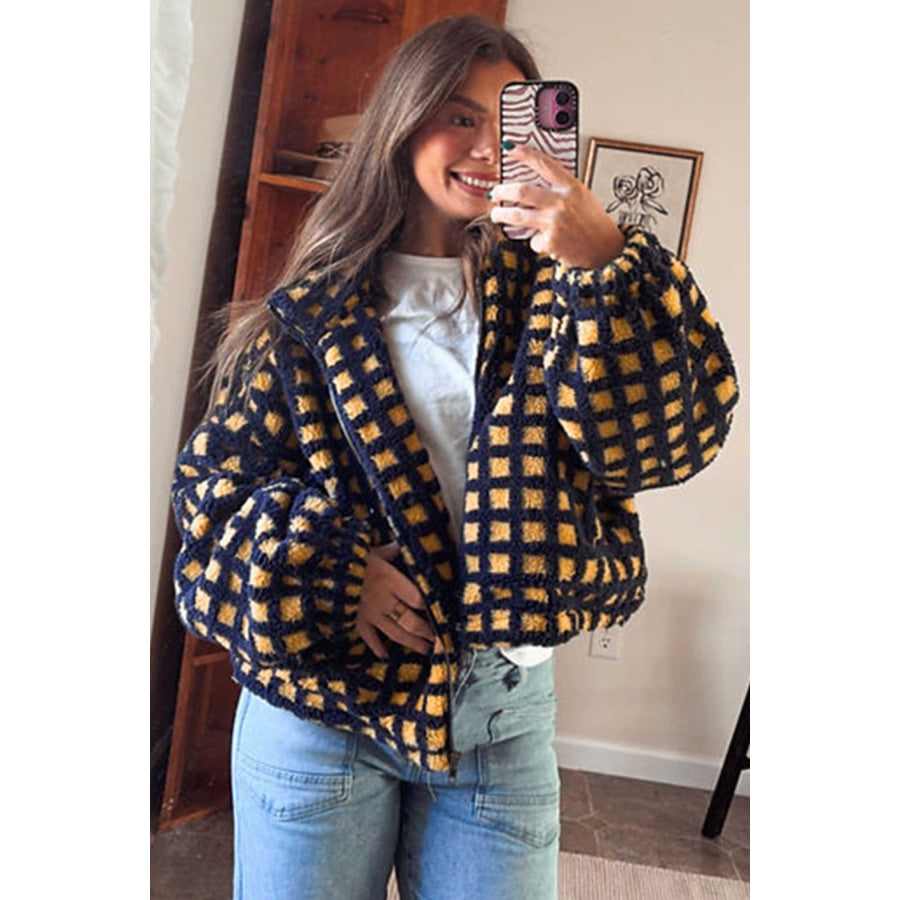 Blue Plaid Sherpa Fleece Zip Up Jacket / S Outerwear/Jackets