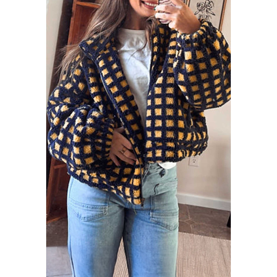 Blue Plaid Sherpa Fleece Zip Up Jacket / S Outerwear/Jackets