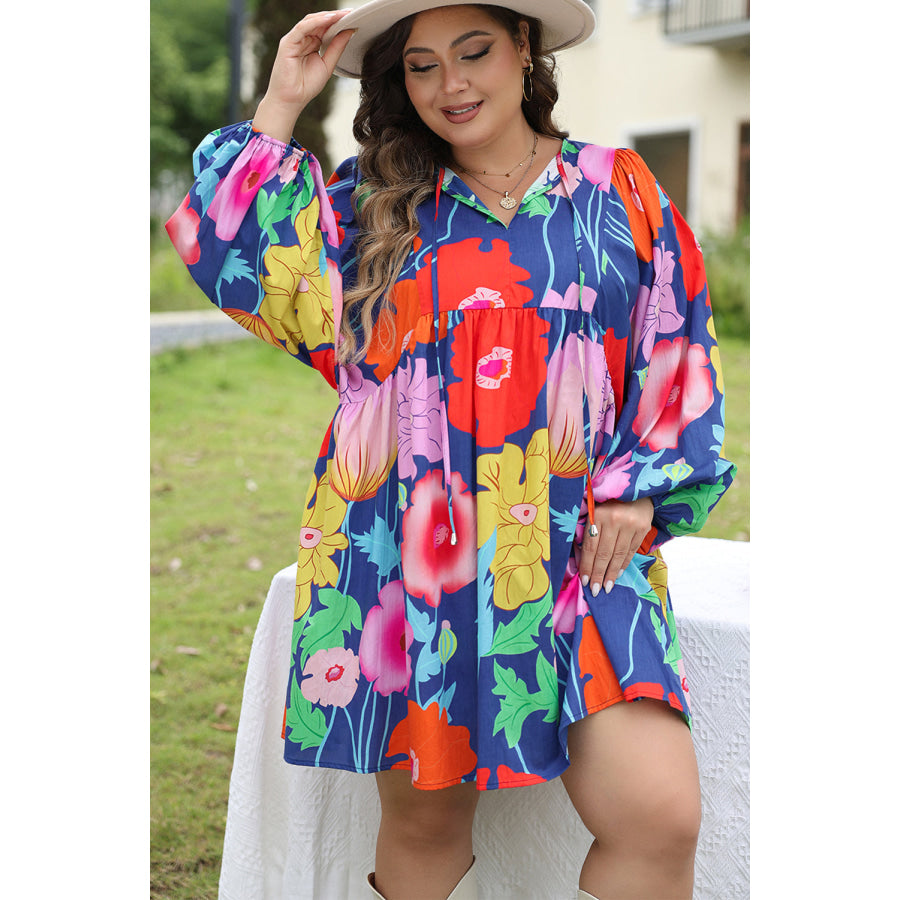 Blue Plus Size Floral V Neck Balloon Sleeve Babydoll Dress Blue / 1X / 100% Cotton Plus Size/Plus Size Dresses/Plus Size Mini Dresses