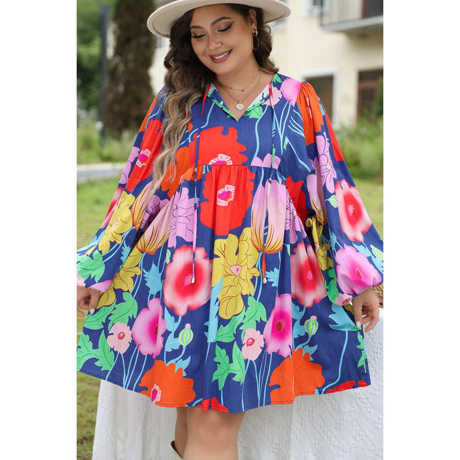 Blue Plus Size Floral V Neck Balloon Sleeve Babydoll Dress Plus Size/Plus Size Dresses/Plus Size Mini Dresses