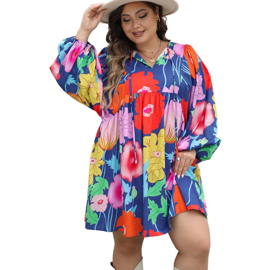 Blue Plus Size Floral V Neck Balloon Sleeve Babydoll Dress Plus Size/Plus Size Dresses/Plus Size Mini Dresses