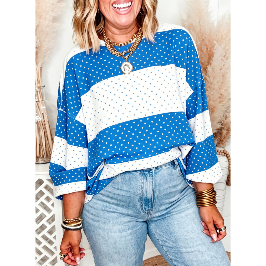 Blue Polka Dot Color Block Drop Shoulder Plus Size Long Sleeve Top / 1X / 95% Polyester + 5% Elastane Size/Plus Tops/Plus Tops