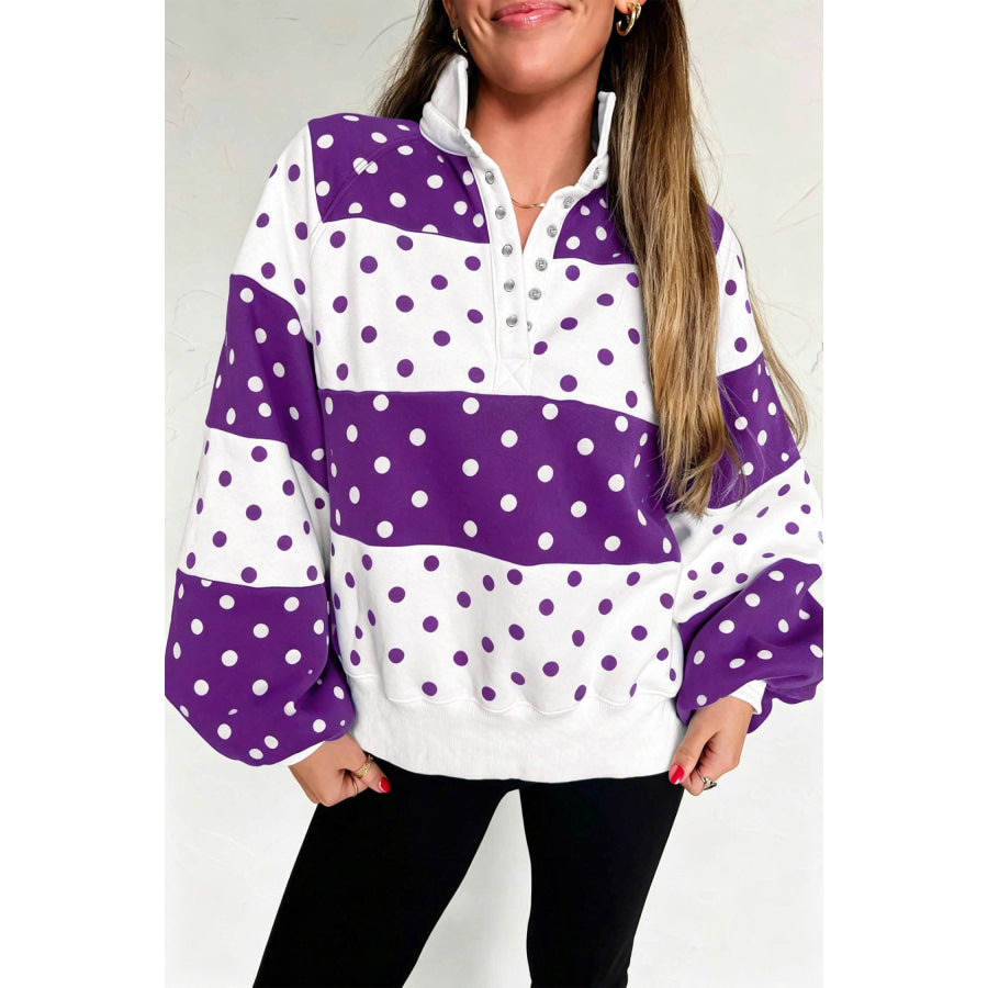 Blue Polka Dot Colorblock Half Zip Puff Sleeve Pullover Sweatshirt Purple / S Tops/Sweatshirts & Hoodies