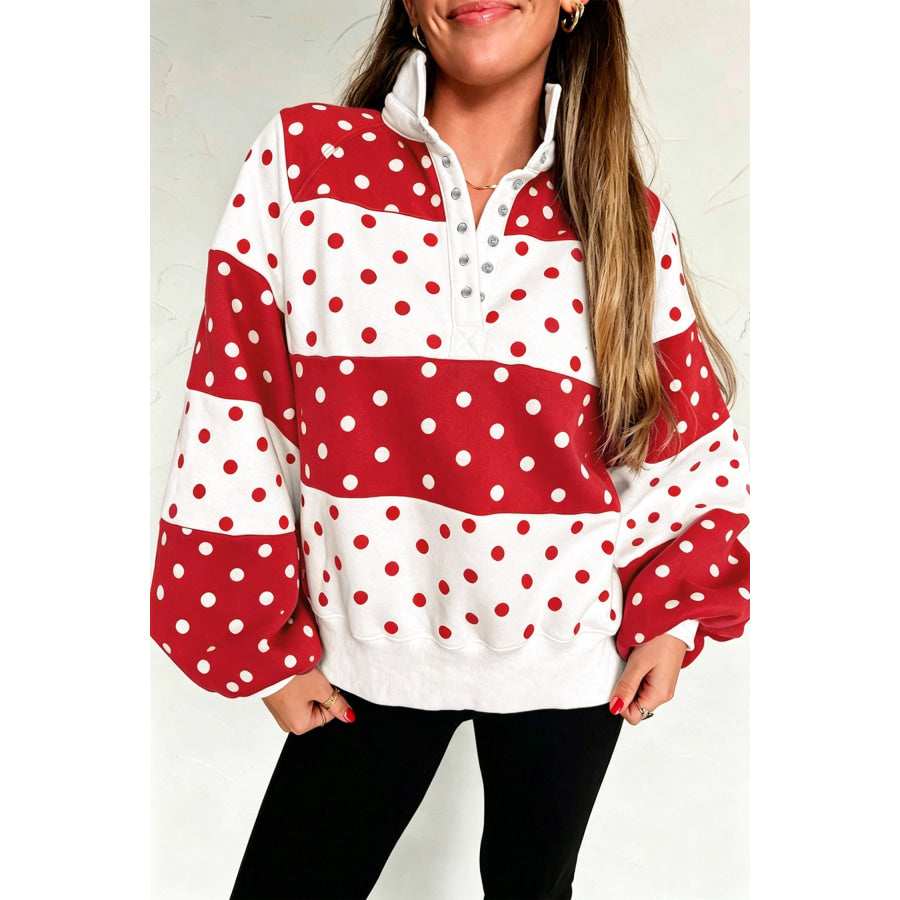 Blue Polka Dot Colorblock Half Zip Puff Sleeve Pullover Sweatshirt Red / S Tops/Sweatshirts & Hoodies