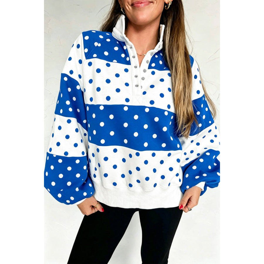 Blue Polka Dot Colorblock Half Zip Puff Sleeve Pullover Sweatshirt / S Tops/Sweatshirts & Hoodies