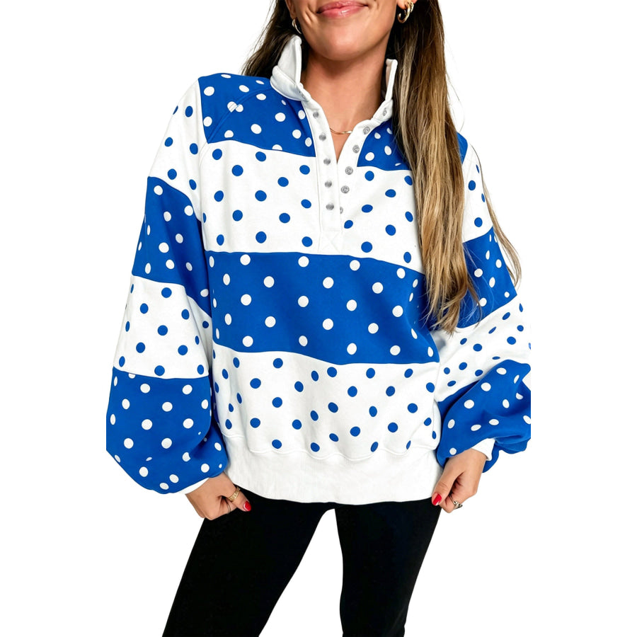 Blue Polka Dot Colorblock Half Zip Puff Sleeve Pullover Sweatshirt Tops/Sweatshirts & Hoodies