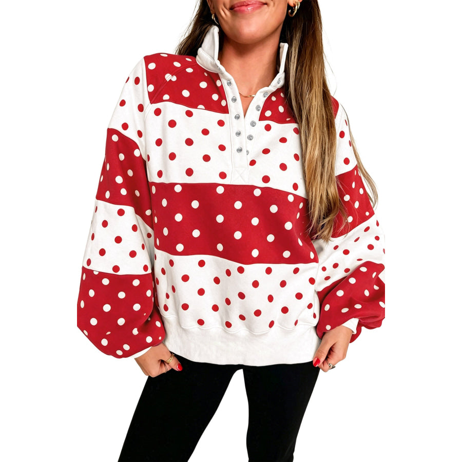Blue Polka Dot Colorblock Half Zip Puff Sleeve Pullover Sweatshirt Tops/Sweatshirts & Hoodies