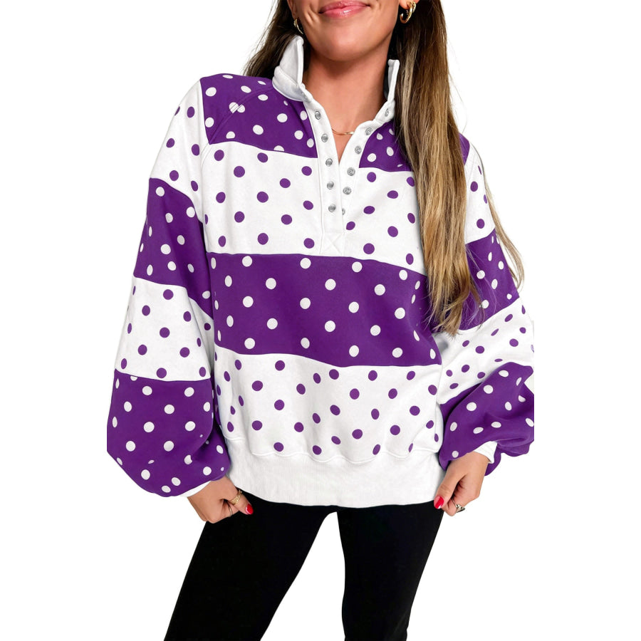 Blue Polka Dot Colorblock Half Zip Puff Sleeve Pullover Sweatshirt Tops/Sweatshirts & Hoodies