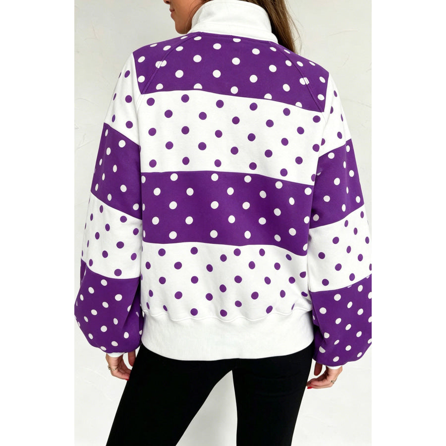 Blue Polka Dot Colorblock Half Zip Puff Sleeve Pullover Sweatshirt Tops/Sweatshirts & Hoodies