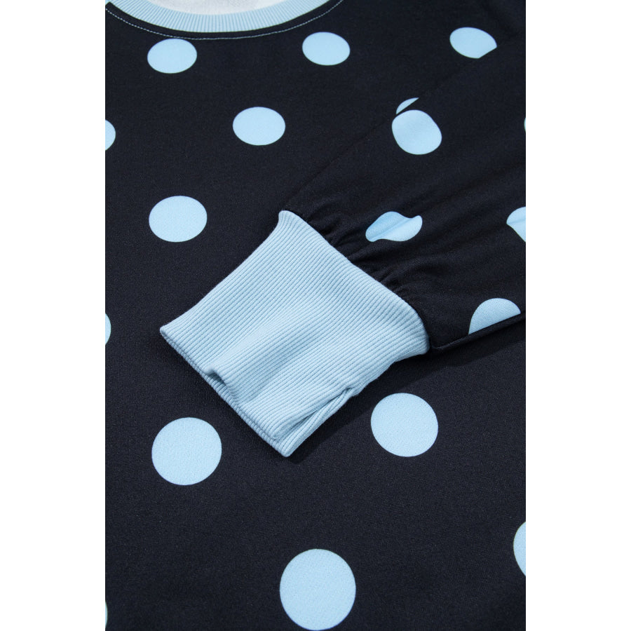 Blue Polka Dot Contrast Patchwork Round Neck Baggy Sweatshirt Tops/Sweatshirts & Hoodies