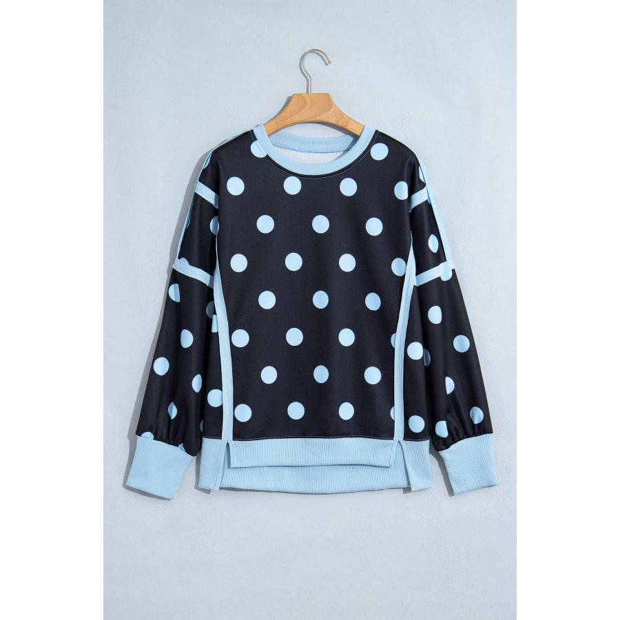 Blue Polka Dot Contrast Patchwork Round Neck Baggy Sweatshirt Tops/Sweatshirts & Hoodies
