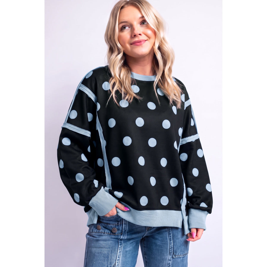 Blue Polka Dot Contrast Patchwork Round Neck Baggy Sweatshirt Tops/Sweatshirts & Hoodies