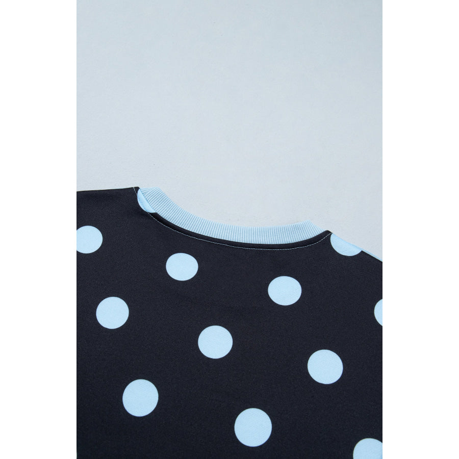 Blue Polka Dot Contrast Patchwork Round Neck Baggy Sweatshirt Tops/Sweatshirts & Hoodies