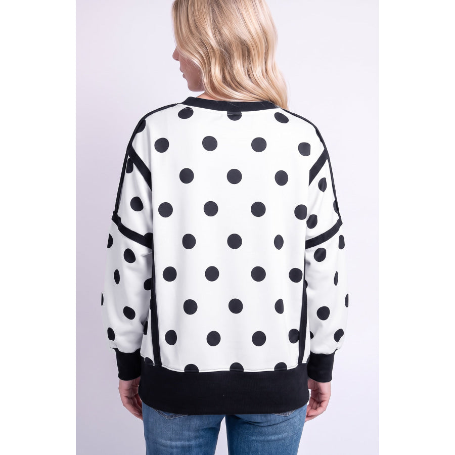 Blue Polka Dot Contrast Patchwork Round Neck Baggy Sweatshirt Tops/Sweatshirts & Hoodies