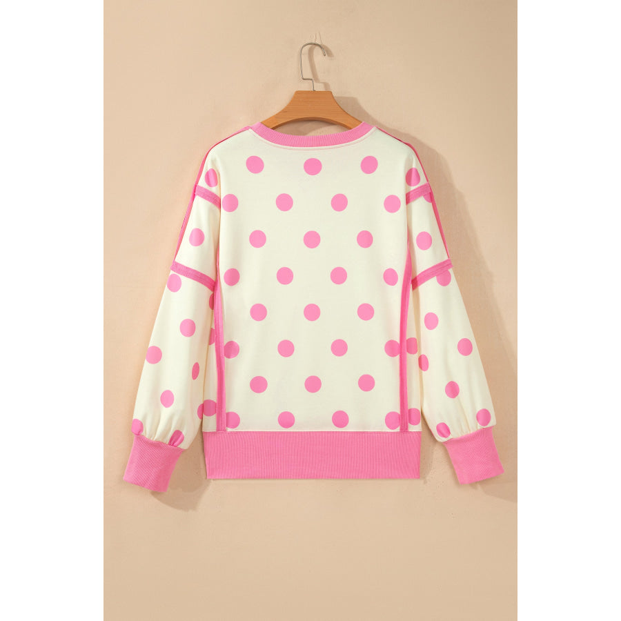 Blue Polka Dot Contrast Patchwork Round Neck Baggy Sweatshirt Tops/Sweatshirts & Hoodies