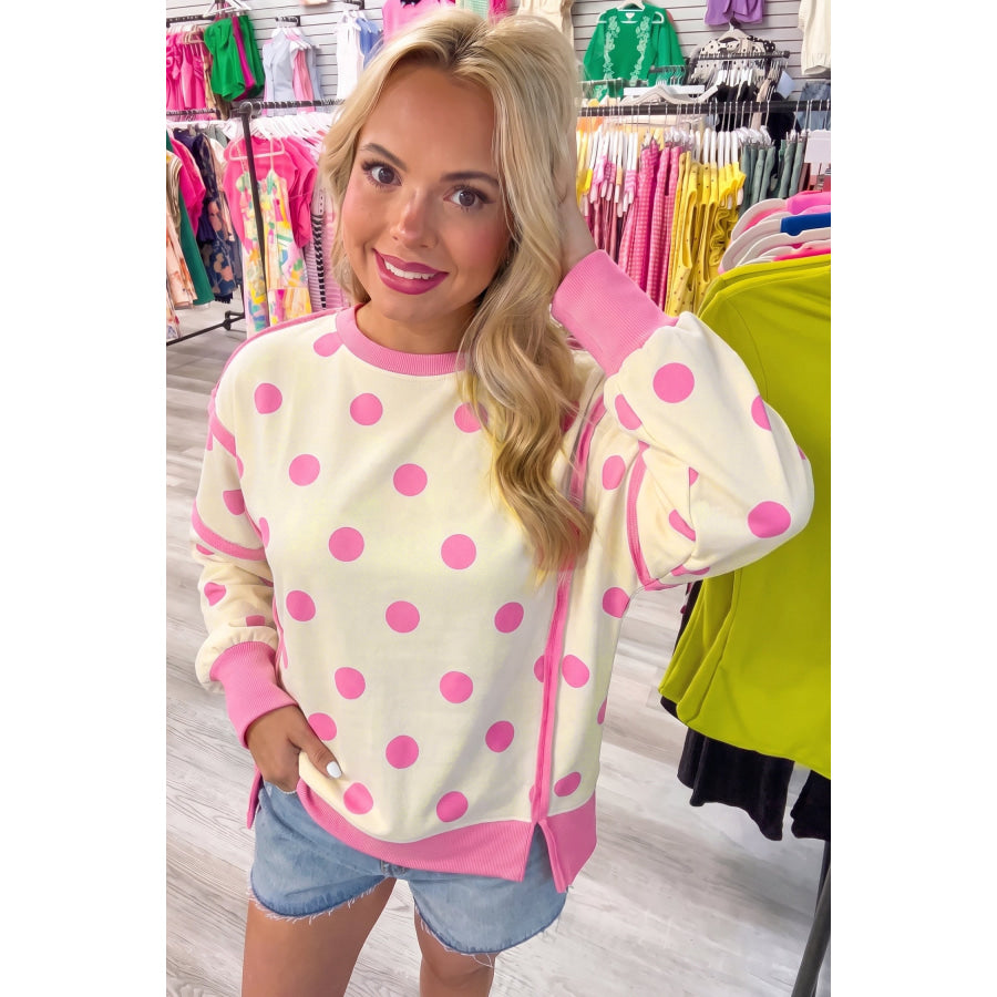 Blue Polka Dot Contrast Patchwork Round Neck Baggy Sweatshirt Tops/Sweatshirts & Hoodies