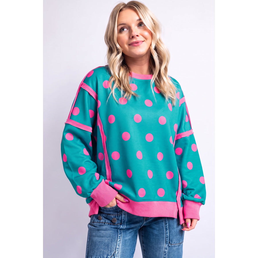 Blue Polka Dot Contrast Patchwork Round Neck Baggy Sweatshirt Tops/Sweatshirts & Hoodies