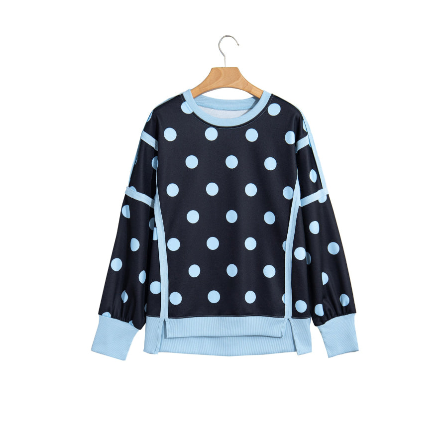 Blue Polka Dot Contrast Patchwork Round Neck Baggy Sweatshirt Tops/Sweatshirts & Hoodies