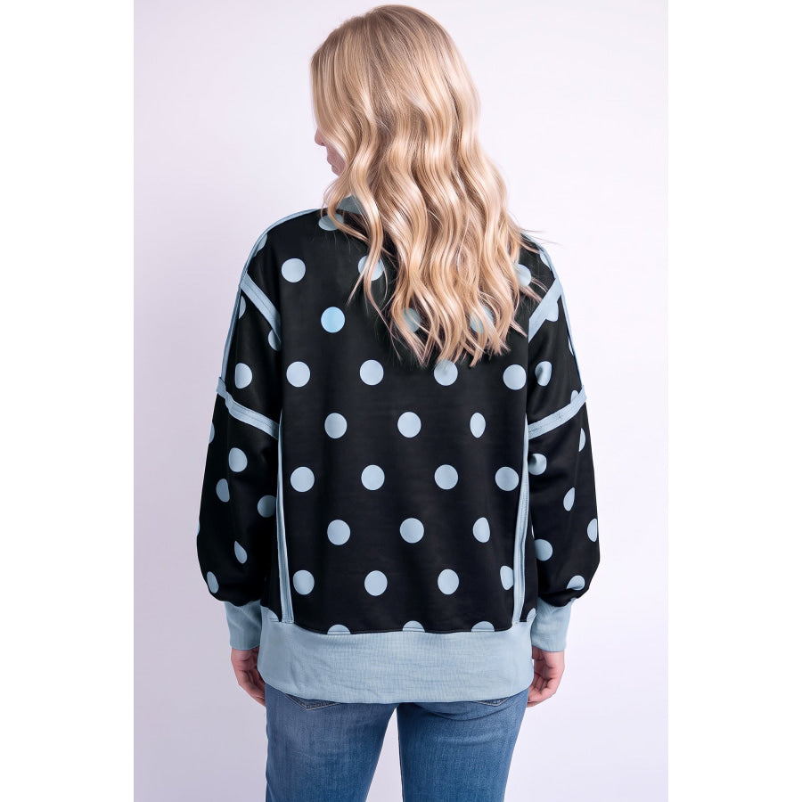 Blue Polka Dot Contrast Patchwork Round Neck Baggy Sweatshirt Tops/Sweatshirts & Hoodies