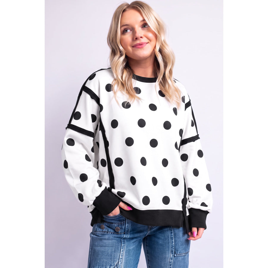Blue Polka Dot Contrast Patchwork Round Neck Baggy Sweatshirt Tops/Sweatshirts & Hoodies