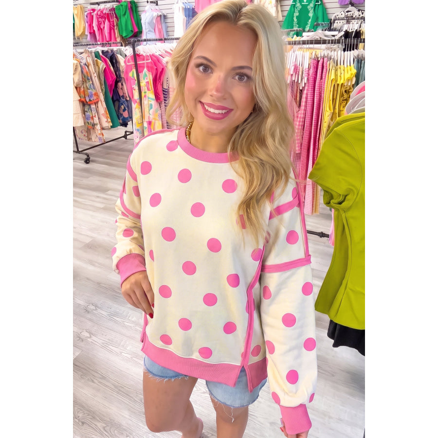 Blue Polka Dot Contrast Patchwork Round Neck Baggy Sweatshirt Tops/Sweatshirts & Hoodies
