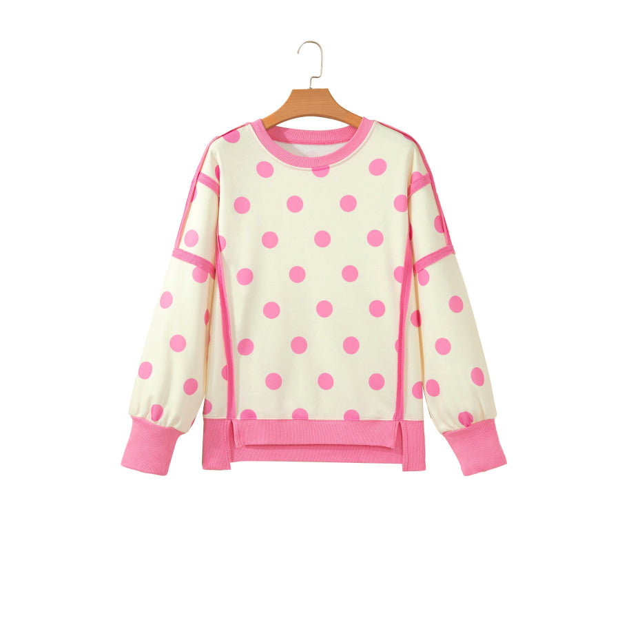 Blue Polka Dot Contrast Patchwork Round Neck Baggy Sweatshirt Tops/Sweatshirts & Hoodies