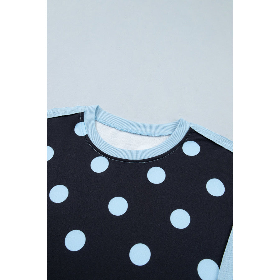 Blue Polka Dot Contrast Patchwork Round Neck Baggy Sweatshirt Tops/Sweatshirts & Hoodies