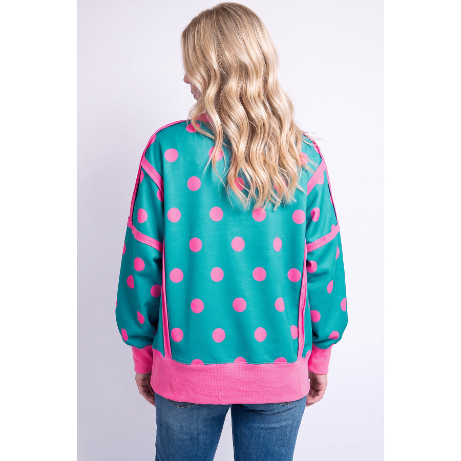 Blue Polka Dot Contrast Patchwork Round Neck Baggy Sweatshirt Tops/Sweatshirts & Hoodies