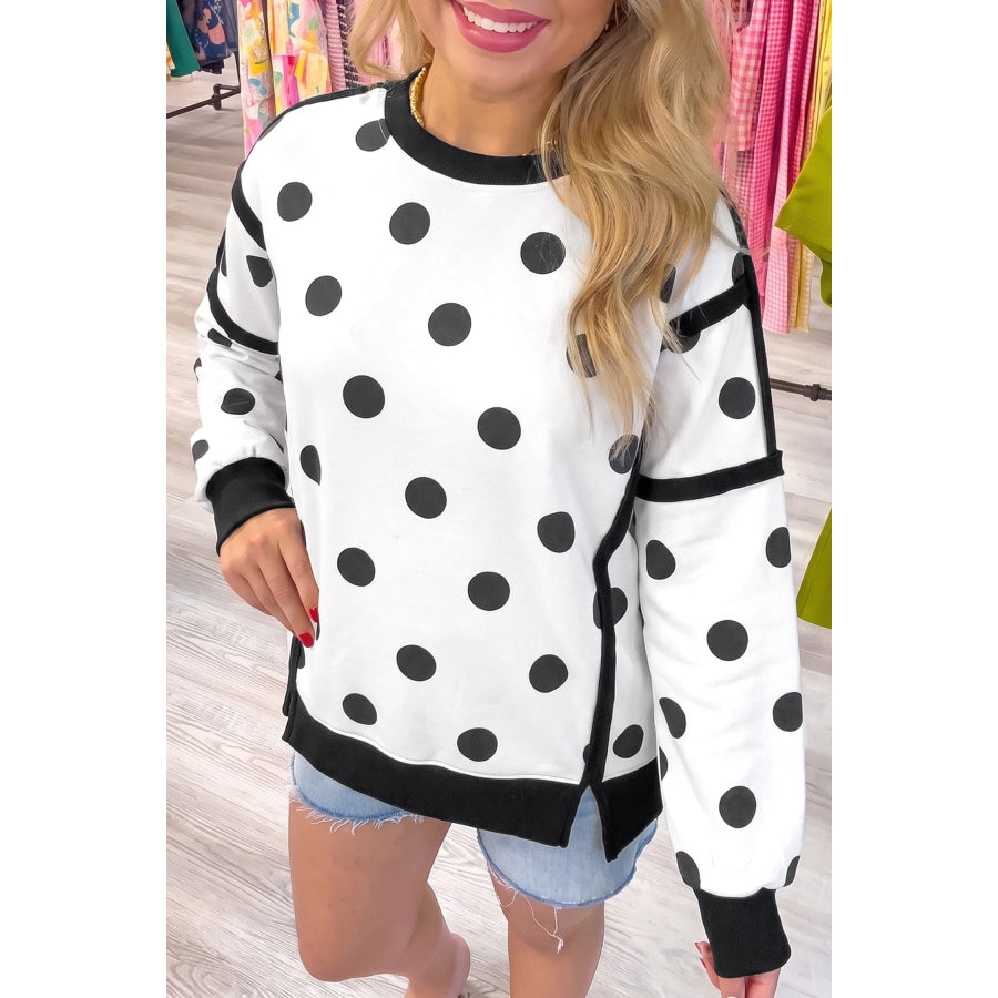 Blue Polka Dot Contrast Patchwork Round Neck Baggy Sweatshirt White / S Tops/Sweatshirts & Hoodies