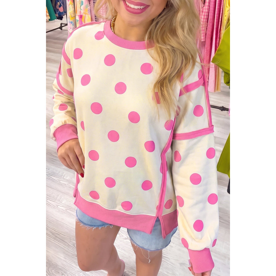 Blue Polka Dot Contrast Patchwork Round Neck Baggy Sweatshirt Yellow / S Tops/Sweatshirts & Hoodies