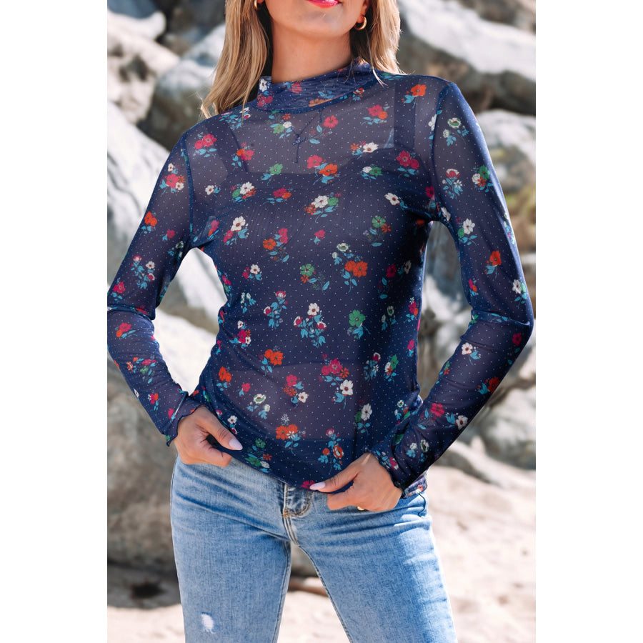 Blue Polka Dot Floral Mesh Long Sleeve High Neck Pullover Sheath Top Blue / S Tops/Long Sleeve Tops