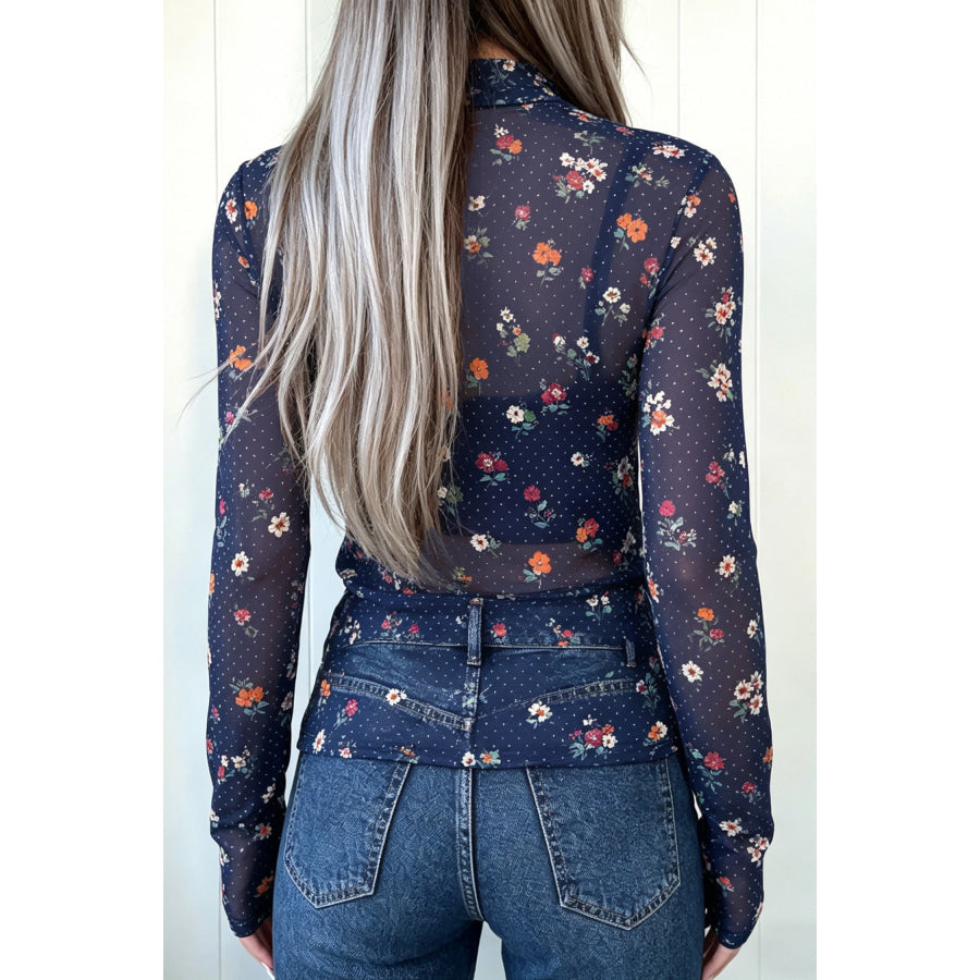 Blue Polka Dot Floral Mesh Long Sleeve High Neck Pullover Sheath Top Tops/Long Sleeve Tops