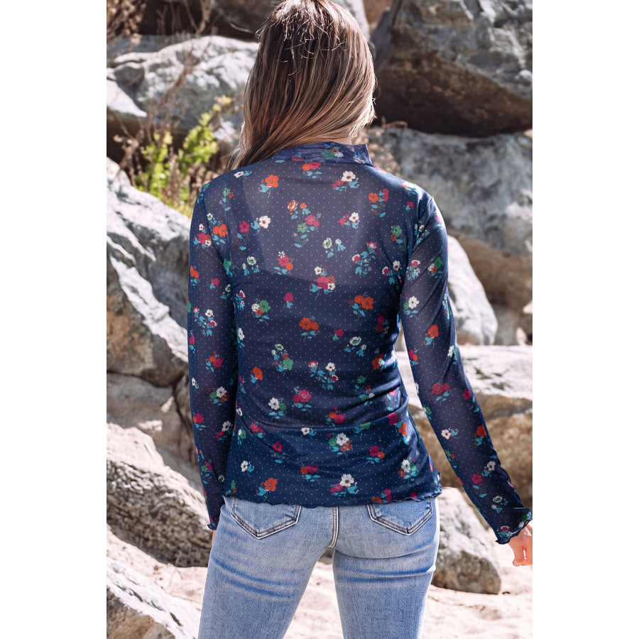 Blue Polka Dot Floral Mesh Long Sleeve High Neck Pullover Sheath Top Tops/Long Sleeve Tops