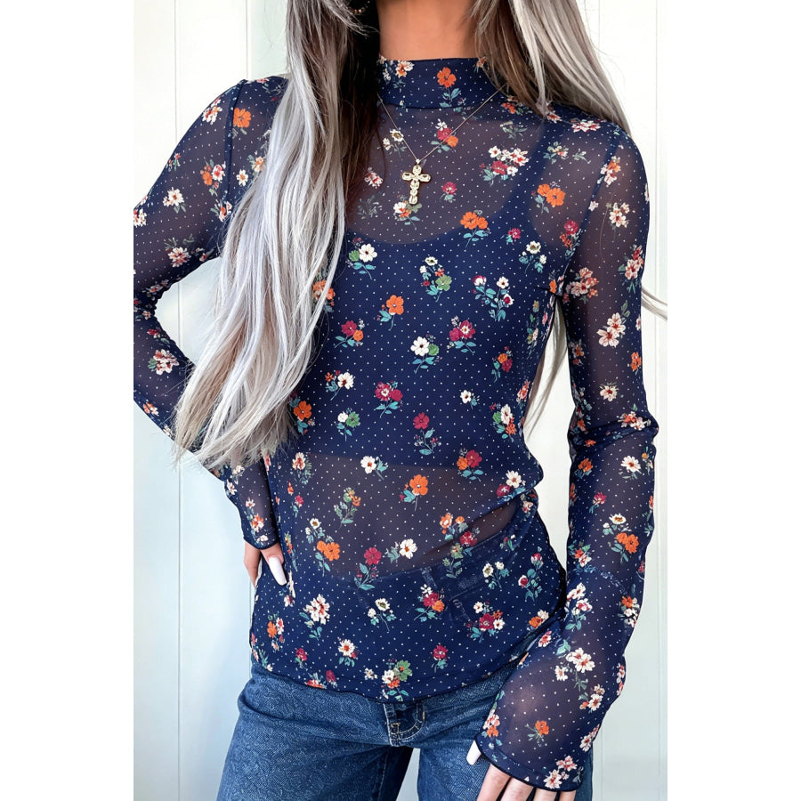 Blue Polka Dot Floral Mesh Long Sleeve High Neck Pullover Sheath Top Tops/Long Sleeve Tops