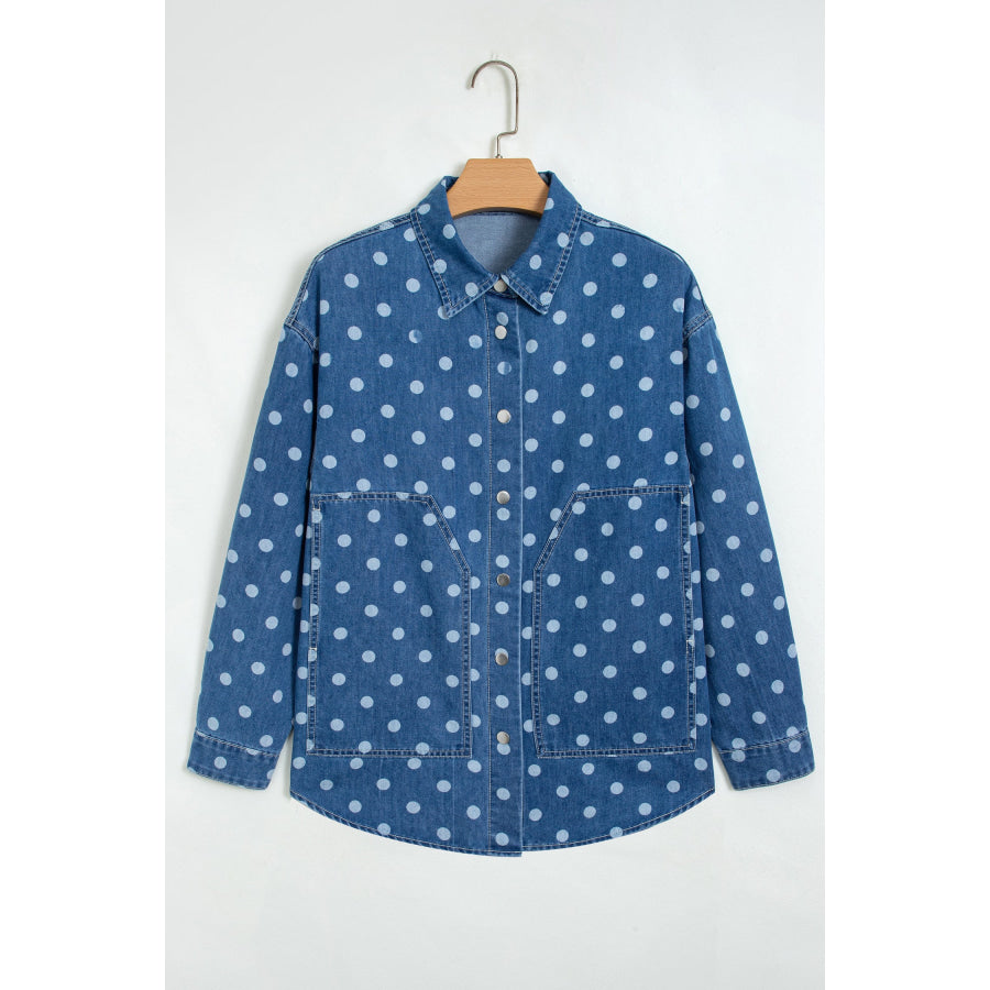 Blue Polka Dot Long Sleeve Collar Shift Tunic Denim Jacket Outerwear/Denim jackets