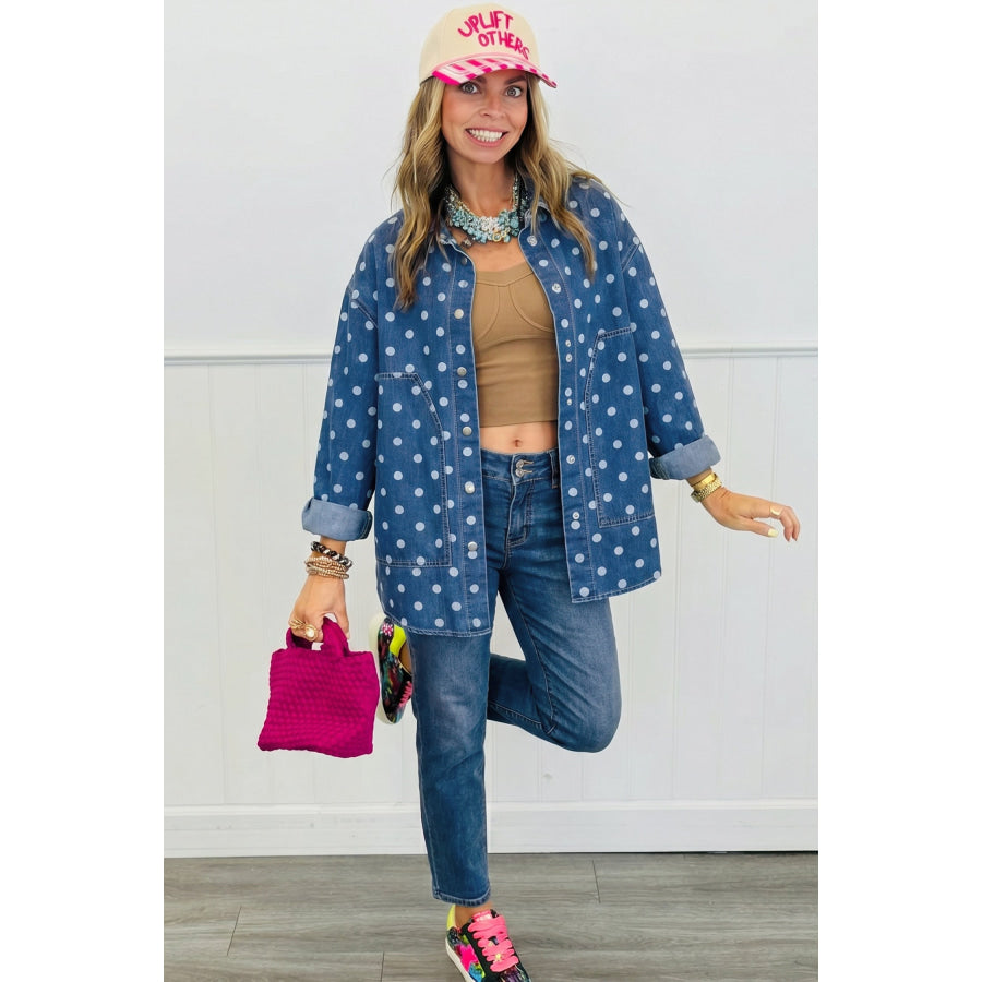 Blue Polka Dot Long Sleeve Collar Shift Tunic Denim Jacket Outerwear/Denim jackets