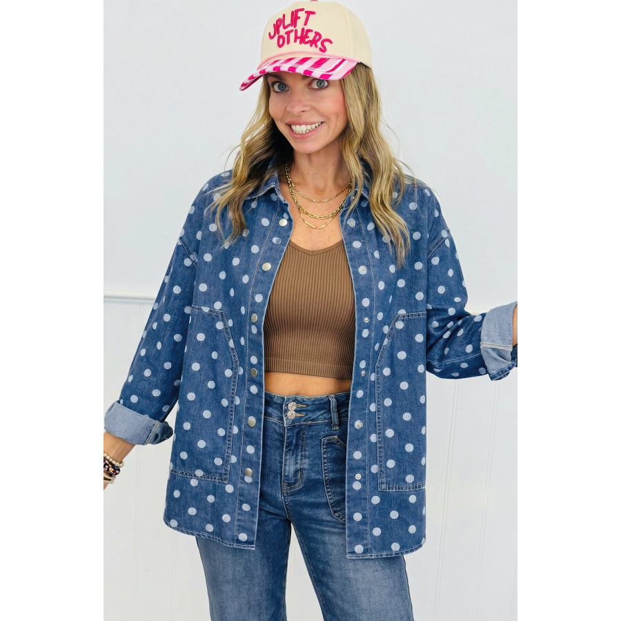 Blue Polka Dot Long Sleeve Collar Shift Tunic Denim Jacket Outerwear/Denim jackets