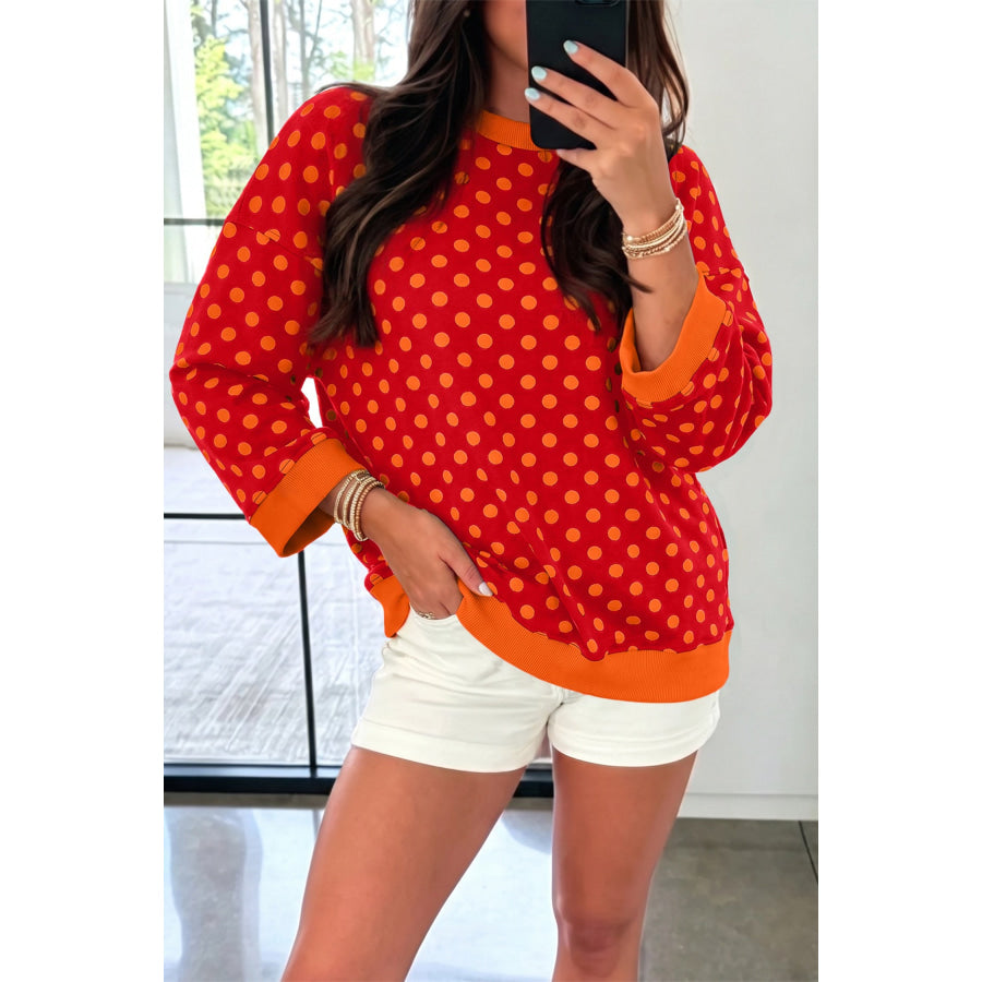 Blue Polka Dot Print Contrast Trim Round Neck Bracelet Sleeve Top Red / S Tops/Long Tops