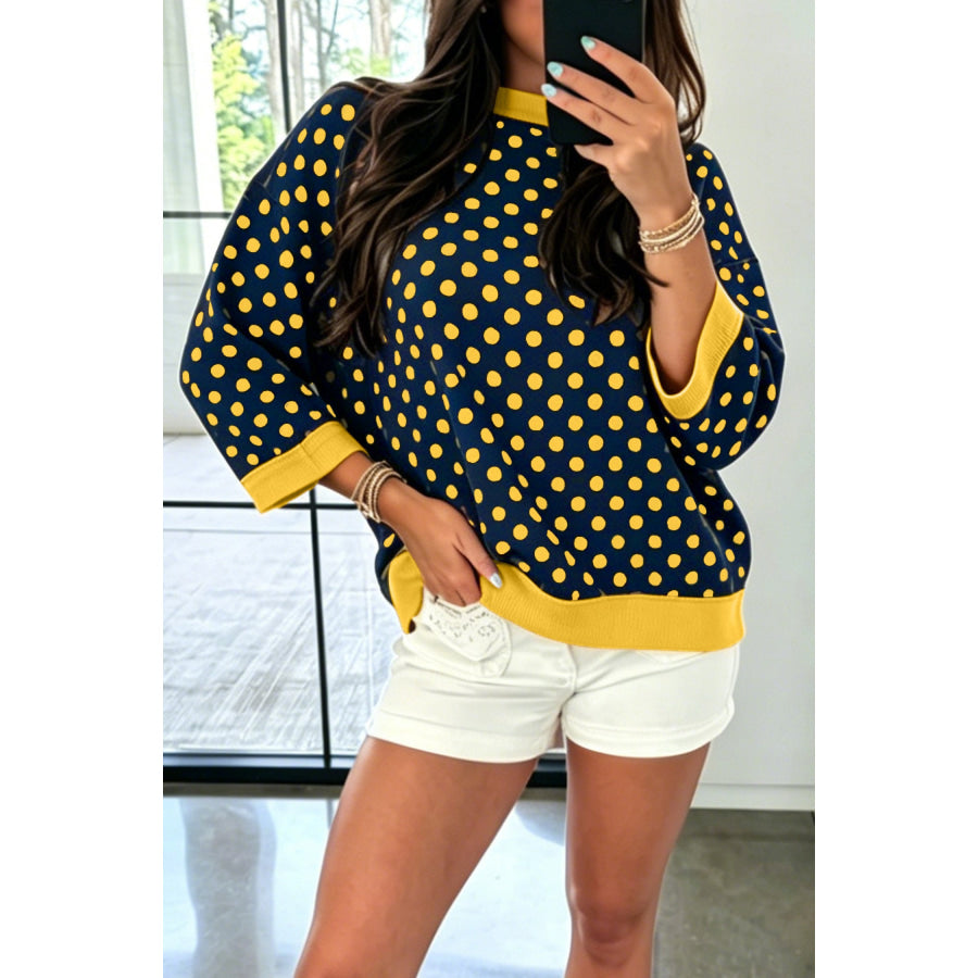 Blue Polka Dot Print Contrast Trim Round Neck Bracelet Sleeve Top Blue / S Tops/Long Sleeve Tops