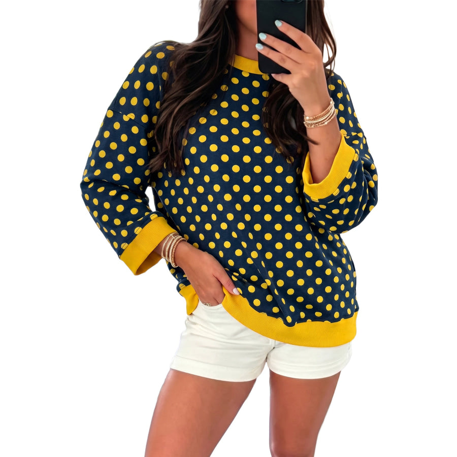 Blue Polka Dot Print Contrast Trim Round Neck Bracelet Sleeve Top Tops/Long Tops